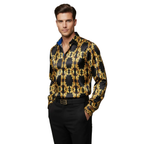 Men Oscar Banks Turkey Shirt Satin Singer Performer 6268-07 Black Gold Floral