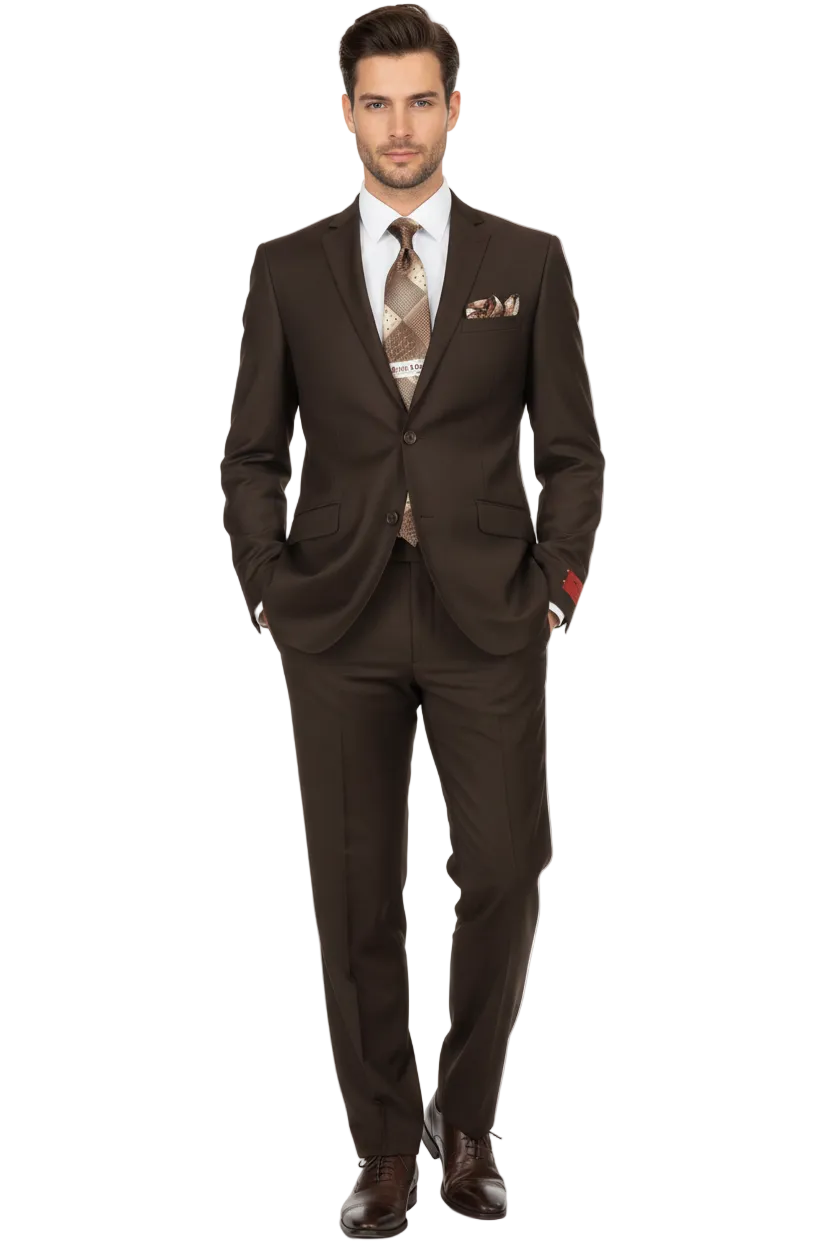Men RENOIR suit Solid Two Button Business Formal Year Round Slim Fit 201-5 Brown