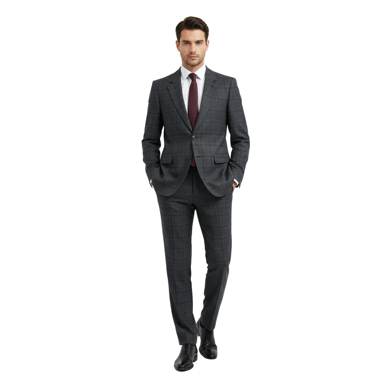 Men Renoir Suit Super 140 Wool Side Vent Classic Fit English Plaid 559-2 Gray