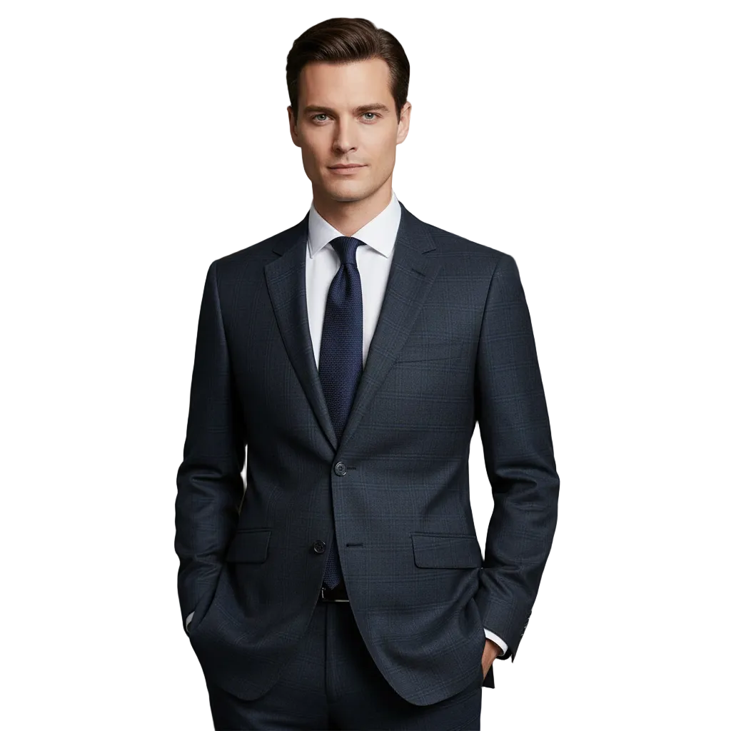 Men Renoir Suit Super 140 Wool Side Vent Slim Fit English Plaid 559-3 Navy Blue