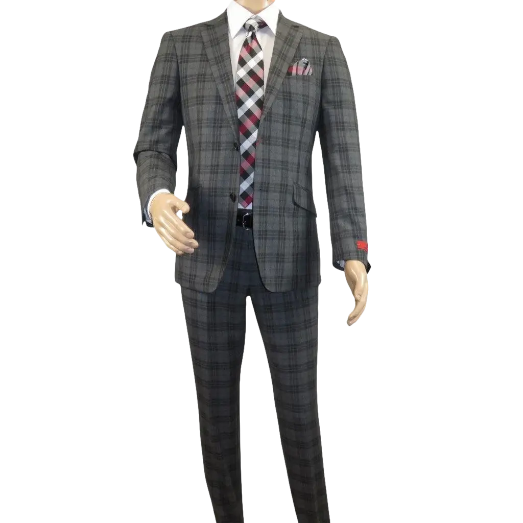 Men RENOIR Suit Two Button Business Formal Slim Fit 294 - 15 Gray English Plaid - J.Valintin Men's Wear Legend - 97670
