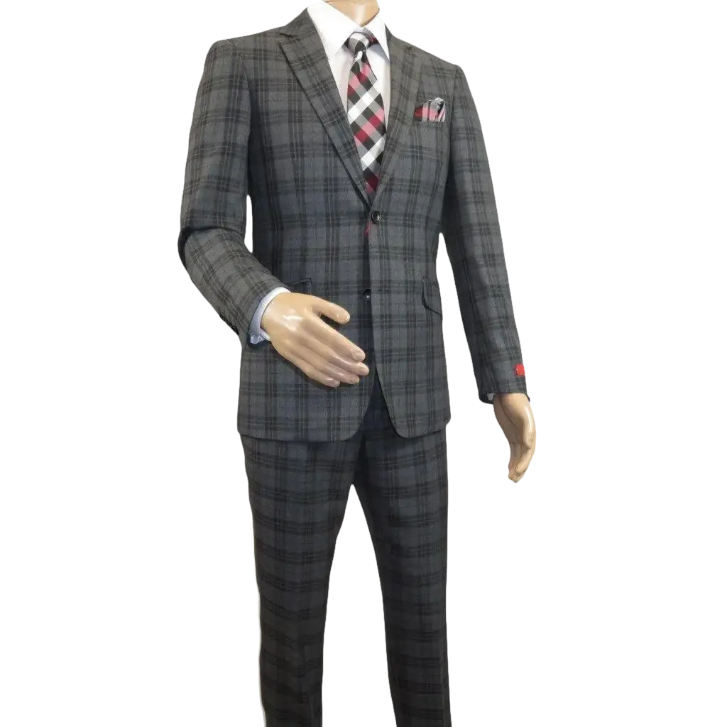 Men RENOIR Suit Two Button Business Formal Slim Fit 294 - 15 Gray English Plaid - J.Valintin Men's Wear Legend - 97670