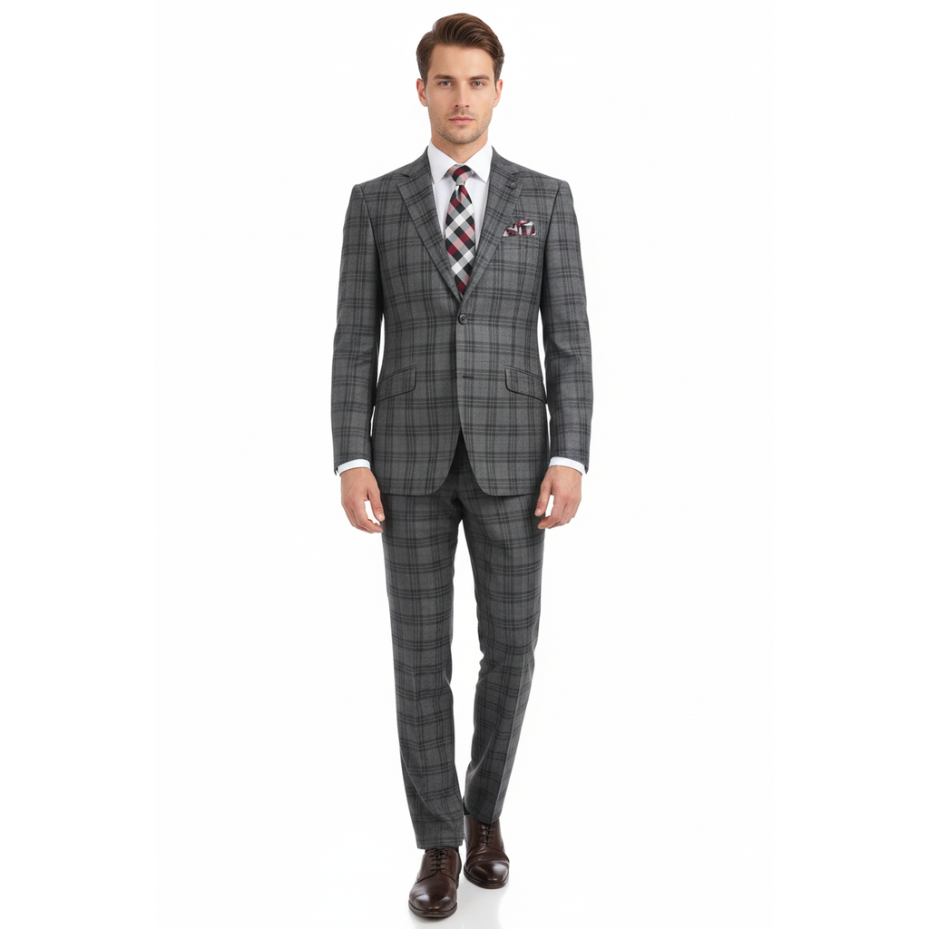 Men RENOIR Suit Two Button Business Formal Slim Fit 294-15 Gray English Plaid