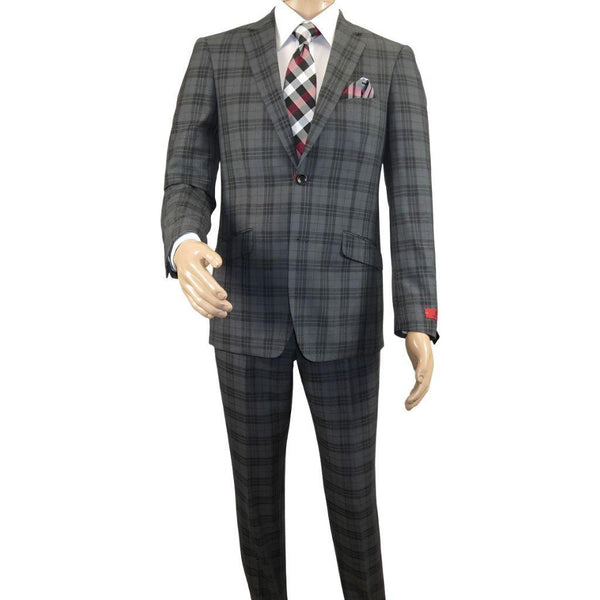 Men RENOIR Suit Two Button Business Formal Slim Fit 294 - 15 Gray English Plaid - J.Valintin Men's Wear Legend - 97670