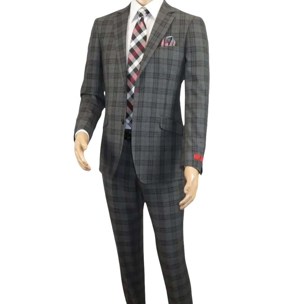 Men RENOIR Suit Two Button Business Formal Slim Fit 294 - 15 Gray English Plaid - J.Valintin Men's Wear Legend - 97670