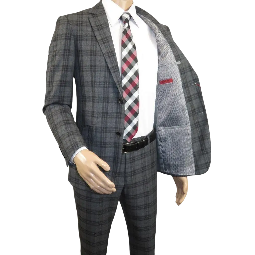 Men RENOIR Suit Two Button Business Formal Slim Fit 294 - 15 Gray English Plaid - J.Valintin Men's Wear Legend - 97670