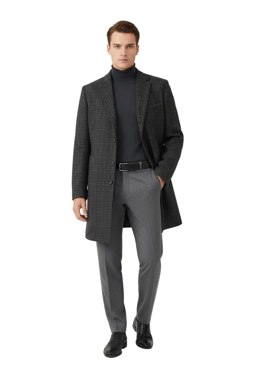 Men RENOIR Wool Blend Charcoal Gray English Plaid 3/4 Length Coat 43-18-095