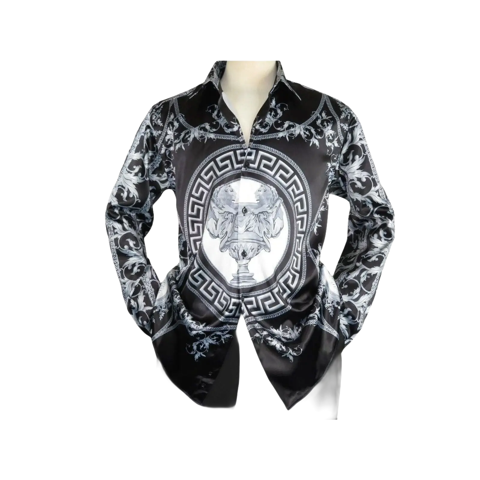 Men Satin Silky Shirt Oscar Banks Turkey Singer Stage Performer 6432 Black Lions - J.Valintin Men's Wear Legend - 74127