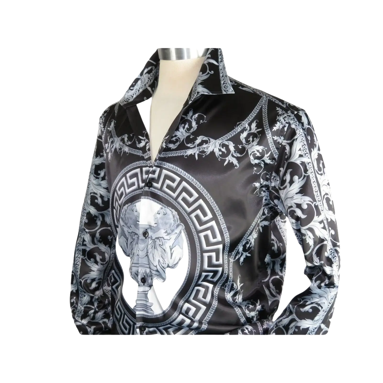 Men Satin Silky Shirt Oscar Banks Turkey Singer Stage Performer 6432 Black Lions - J.Valintin Men's Wear Legend - 74127