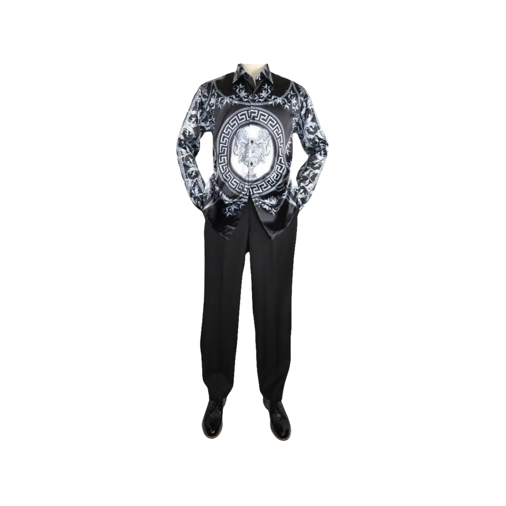 Men Satin Silky Shirt Oscar Banks Turkey Singer Stage Performer 6432 Black Lions - J.Valintin Men's Wear Legend - 74127