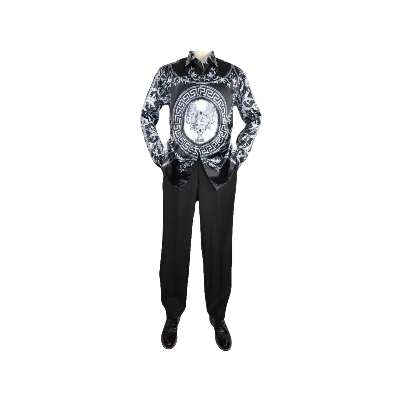 Men Satin Silky Shirt Oscar Banks Turkey Singer Stage Performer 6432 Black Lions - J.Valintin Men's Wear Legend - 74127