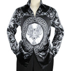 Men Satin Silky Shirt Oscar Banks Turkey Singer Stage Performer 6432 Black Lions - J.Valintin Men's Wear Legend - 74127