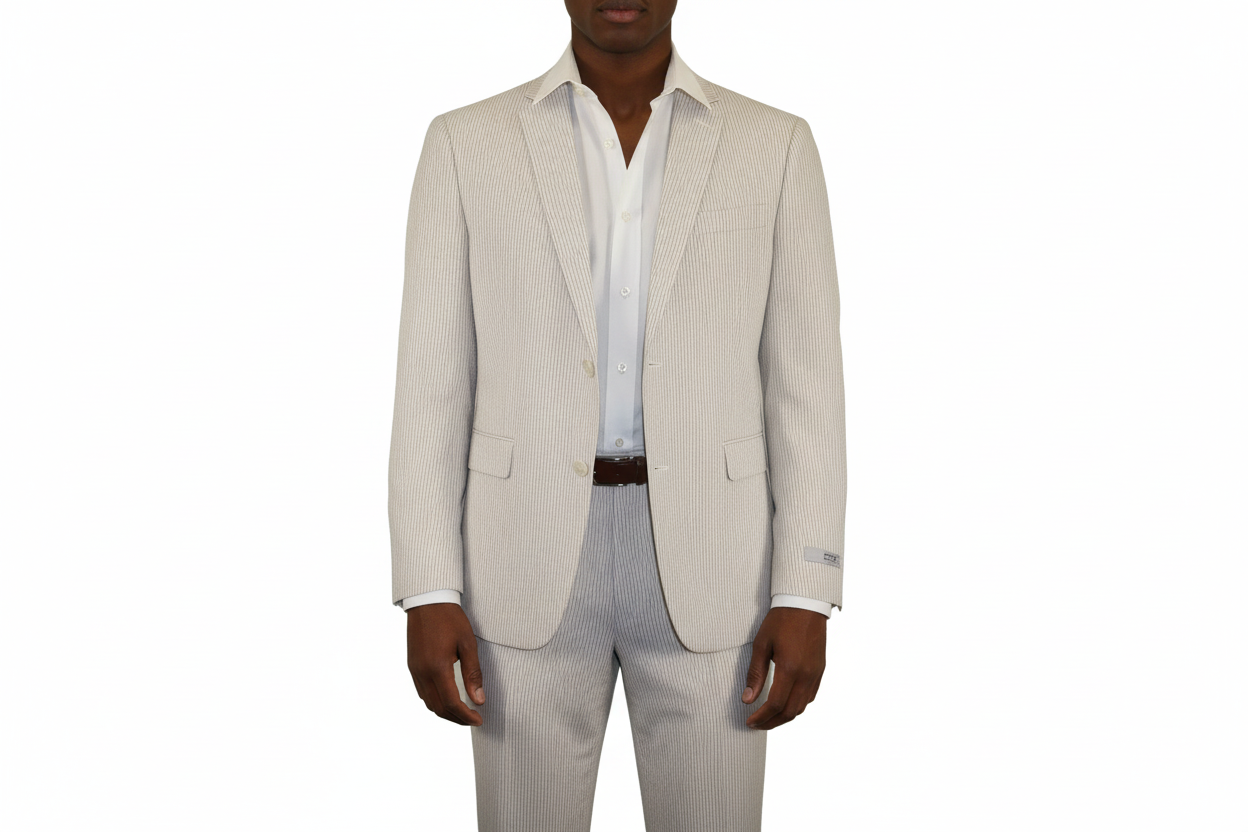 Men Seersucker Suit By Adolfo Stripe Casual Dressy Summer Suit 2 Button C624 Tan