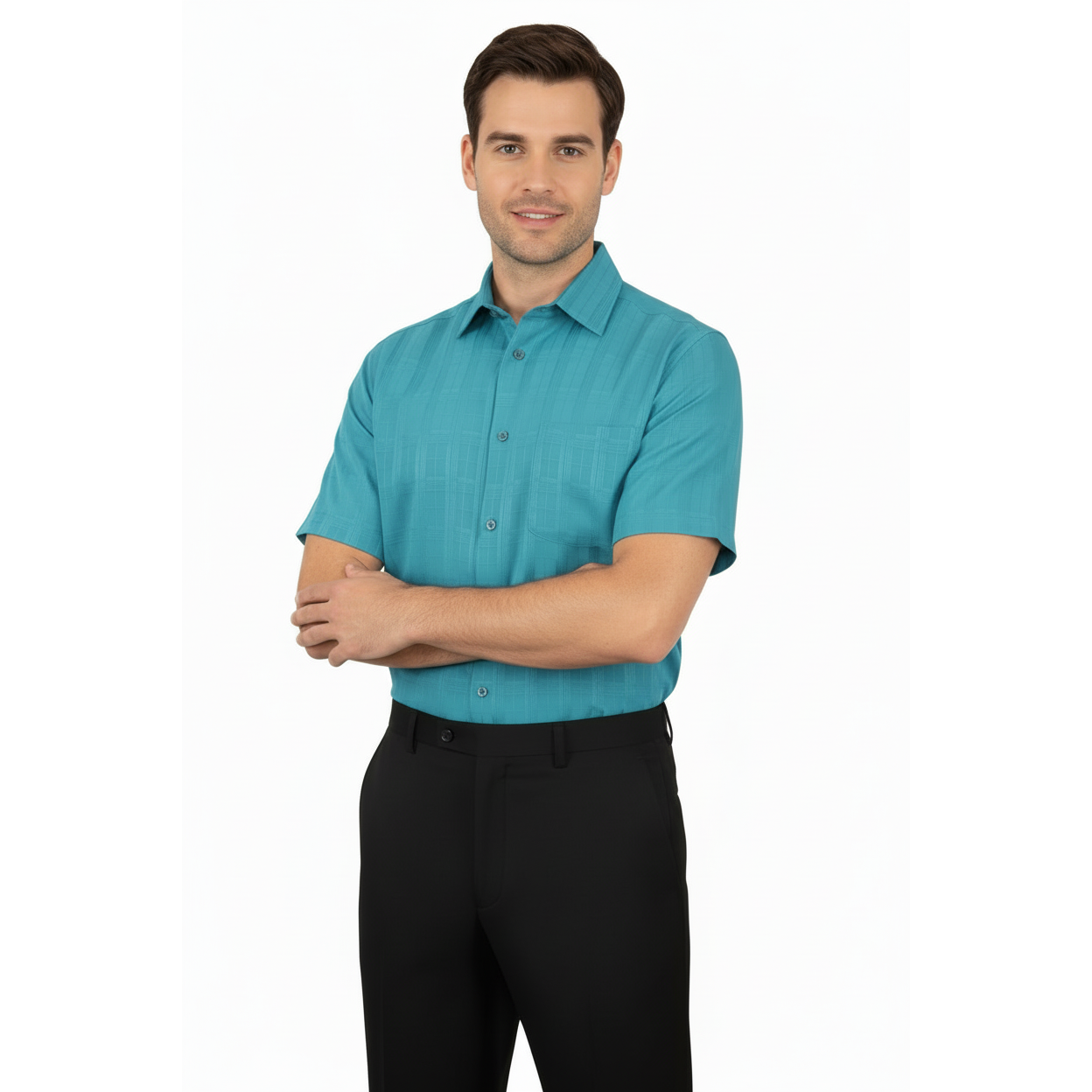 Men Short Sleeve Sport Shirt by BASSIRI Light Weight Soft Microfiber 60081 Teal
