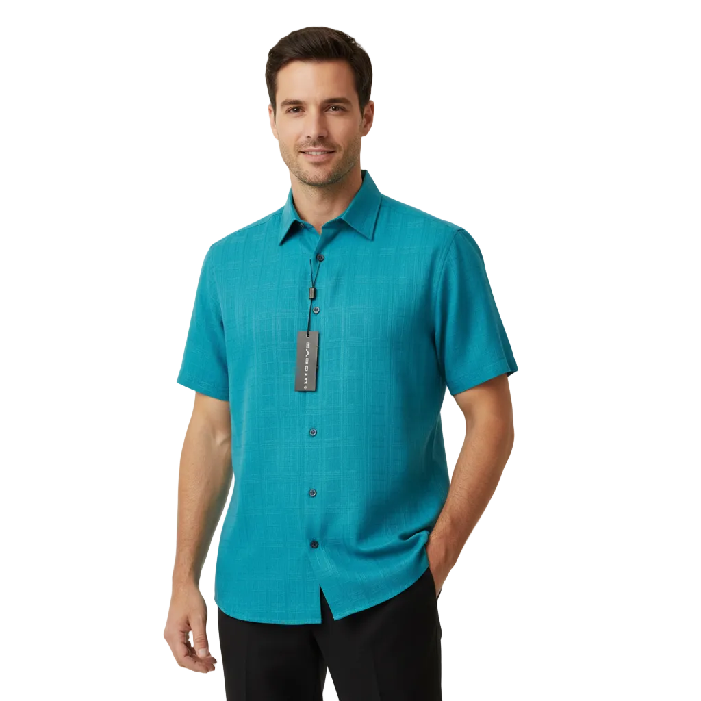 Men Short Sleeve Sport Shirt by BASSIRI Light Weight Soft Microfiber 60081 Teal
