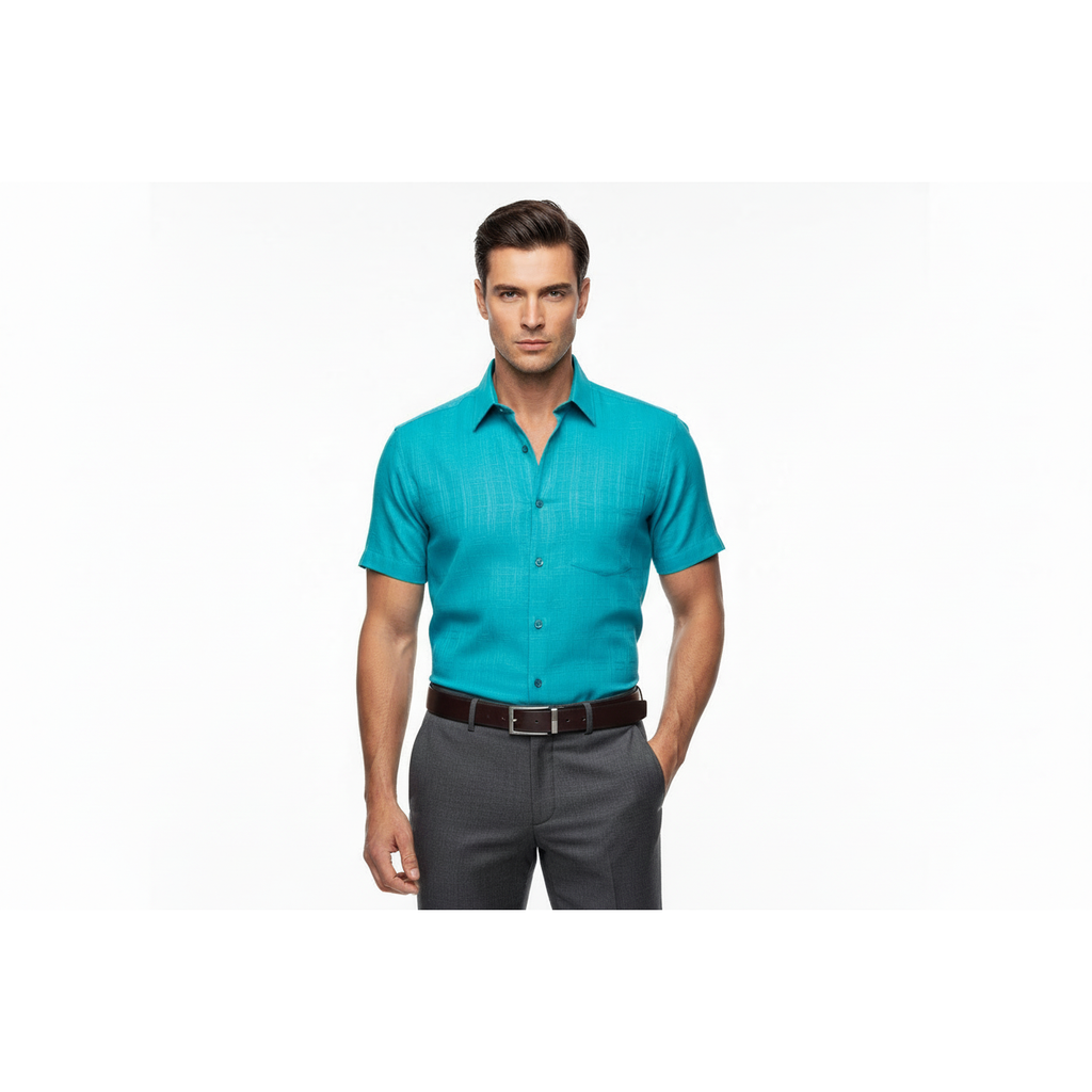 Men Short Sleeve Sport Shirt by BASSIRI Light Weight Soft Microfiber 60081 Teal