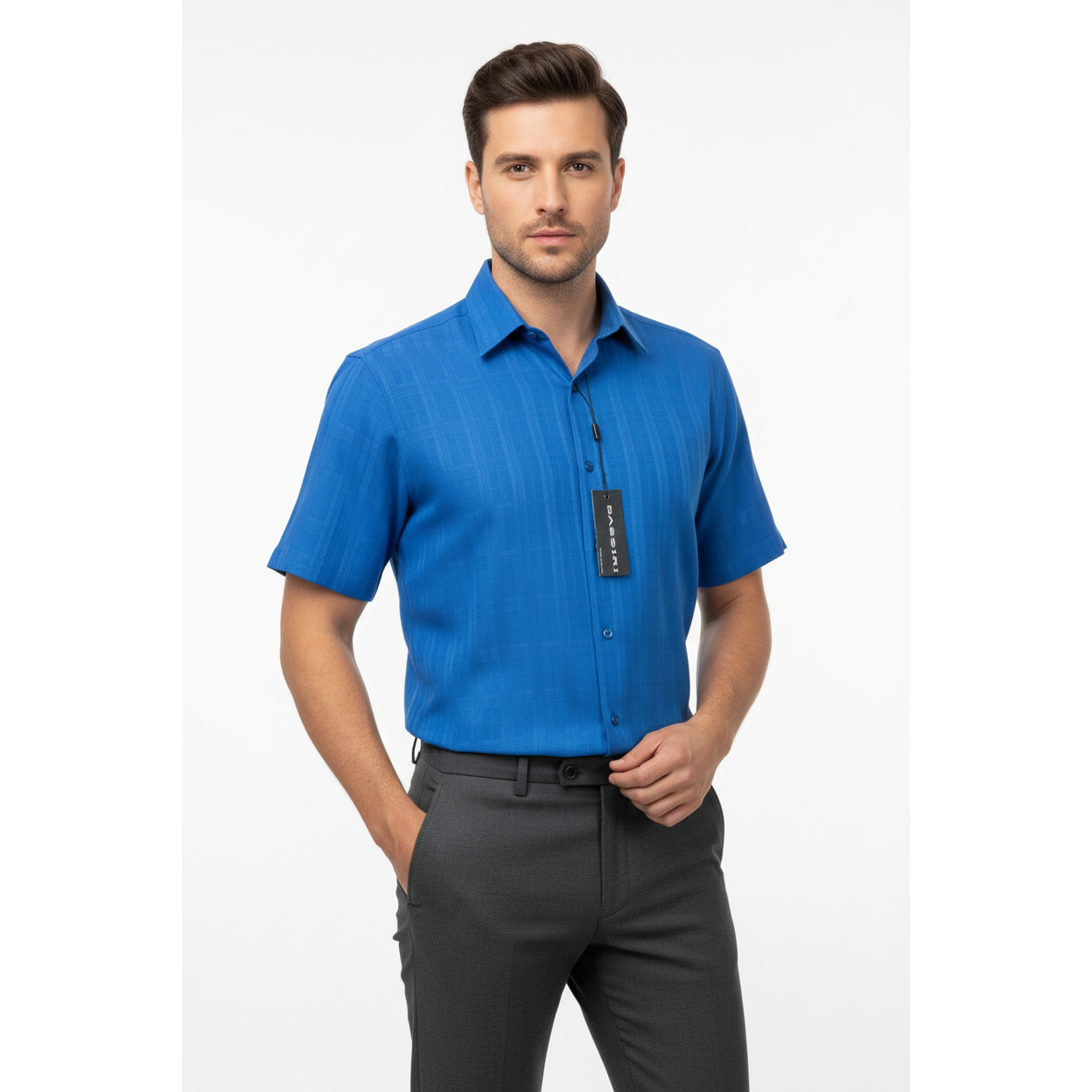 Men Short Sleeves Sport Shirt by BASSIRI Light Weight Soft Microfiber 60071 Blue