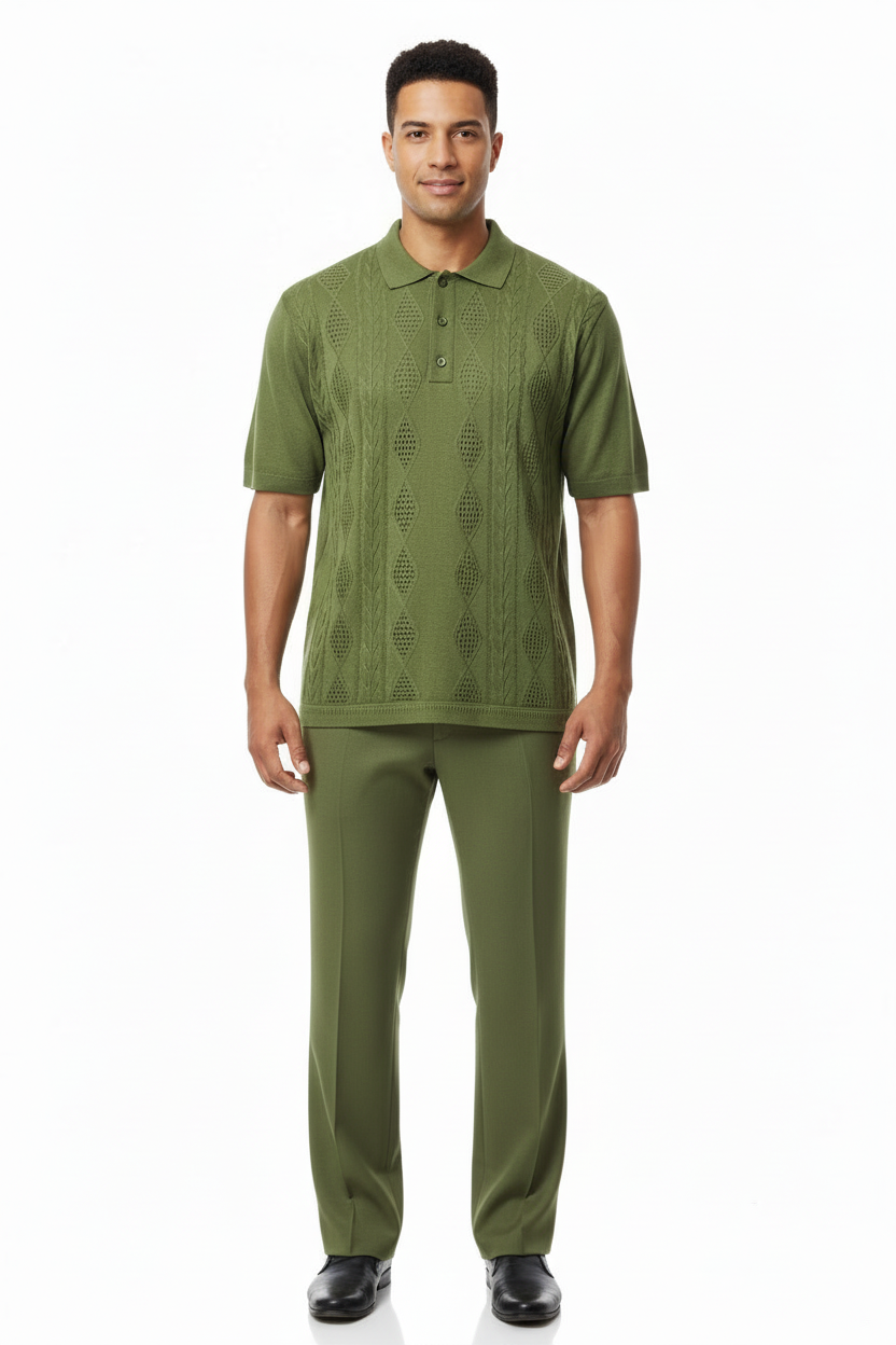 Men Silversilk 2pc walking leisure Matching Suit Italian woven knits 51016 Green