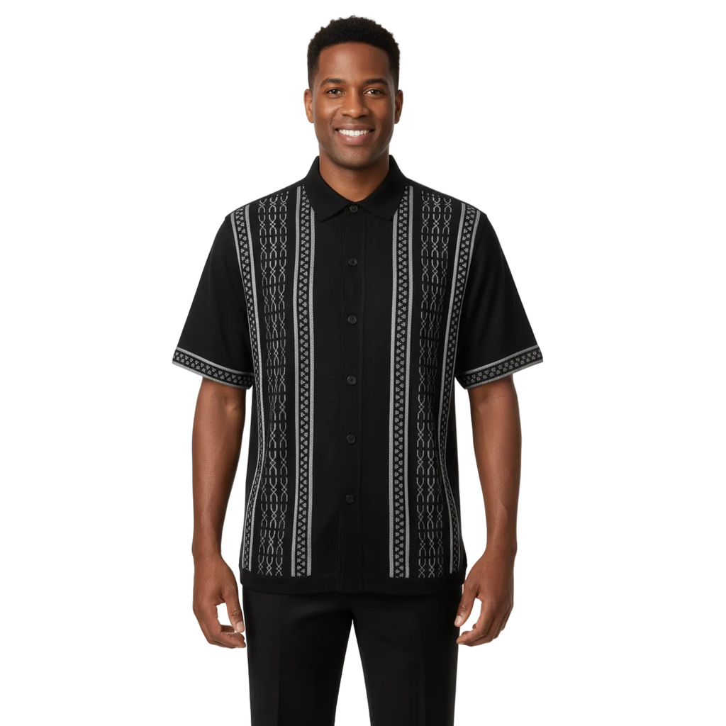 Men Silversilk 2pc walking leisure Matching Suit Italian woven knits 51017 Black