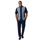 Men Silversilk 2pc Walking Leisure Matching Suit Italian Woven Knits 71003 Navy - J.Valintin Men's Wear Legend - 71003 - Navy - M