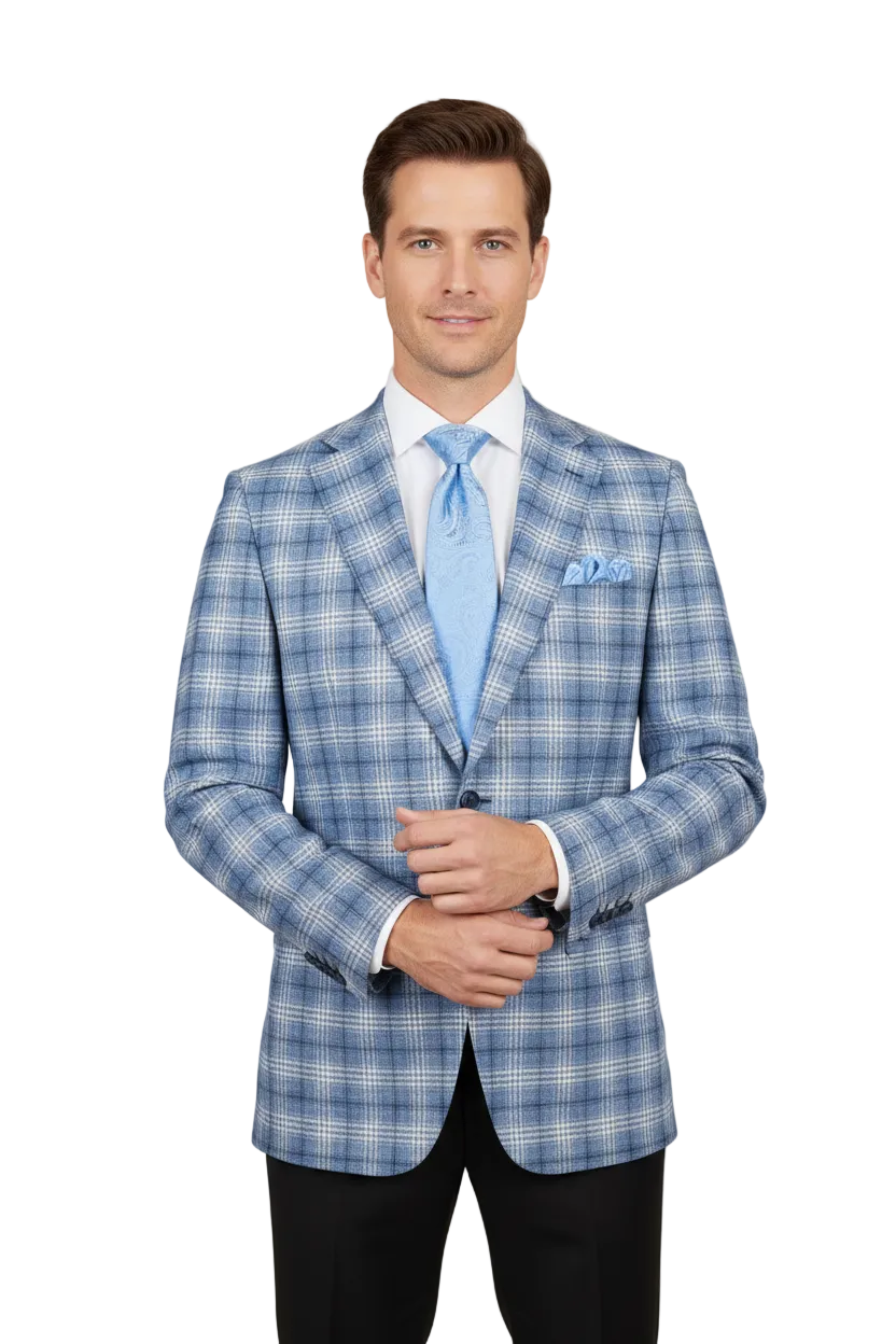 Men Sport Coat by Berlusconi Turkey Italian Wool Super 180's #671-07 Blue Plaid