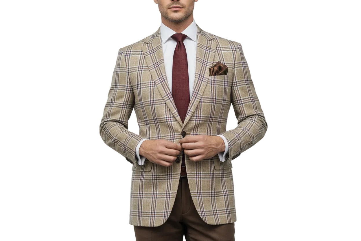 Men Sport Coat by Berlusconi Turkey Italian Wool Super 180's #671-15 Tan Burg