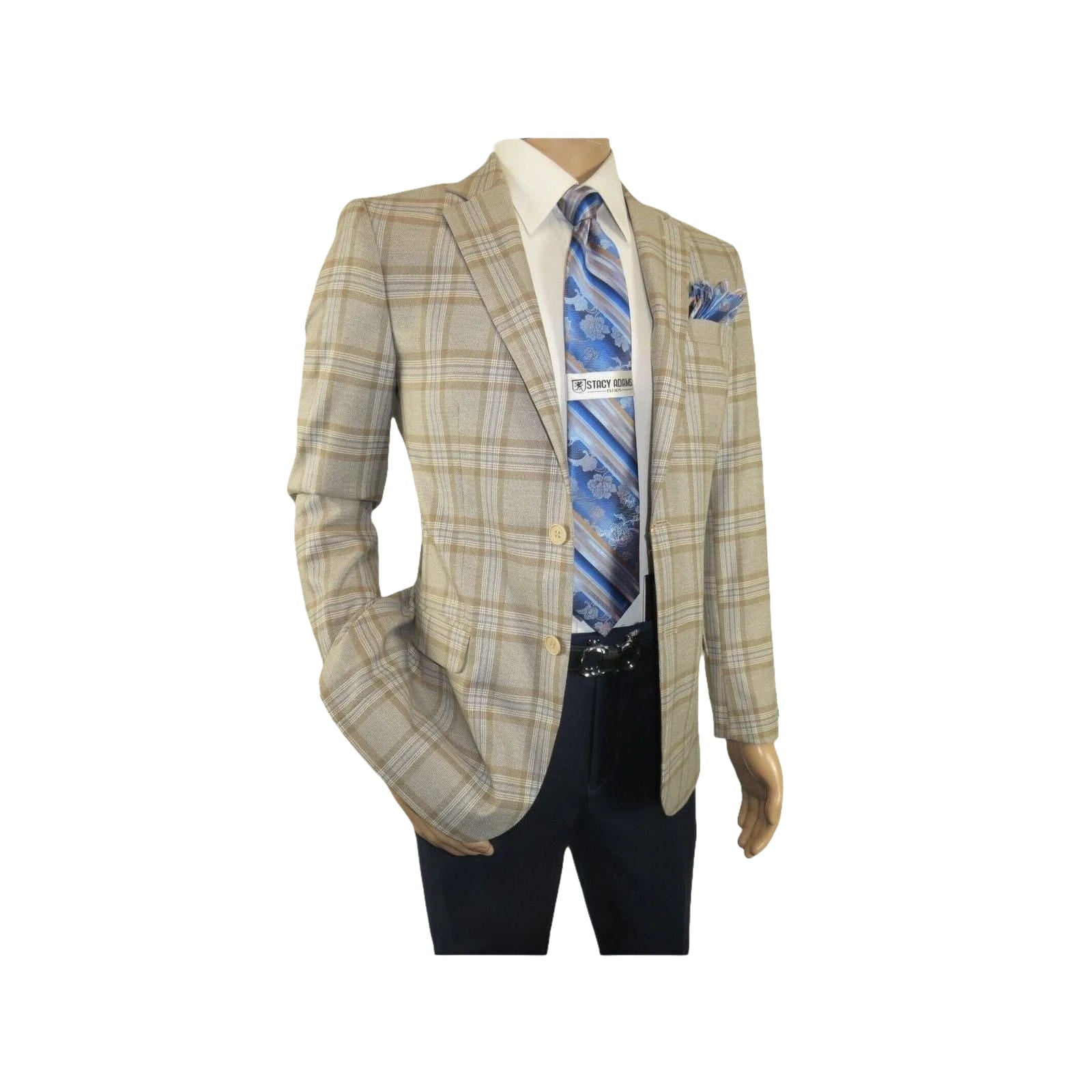 Men Sport Coat by Berlusconi Turkey Soft European Plaid #MK80 04 Beige Blue - J.Valintin Men's Wear Legend - 98976