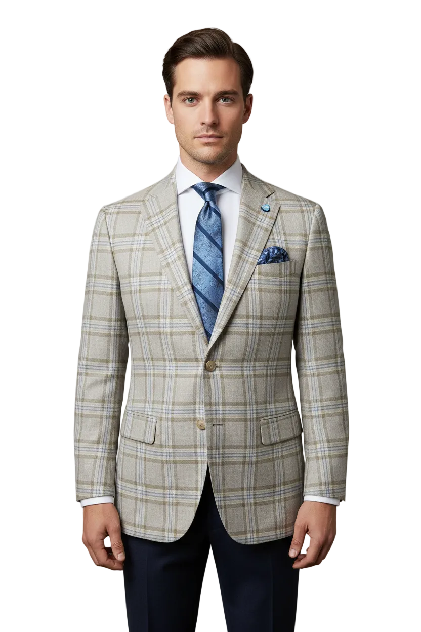 Men Sport Coat by Berlusconi Turkey Soft European Plaid #MK80 04 Beige Blue