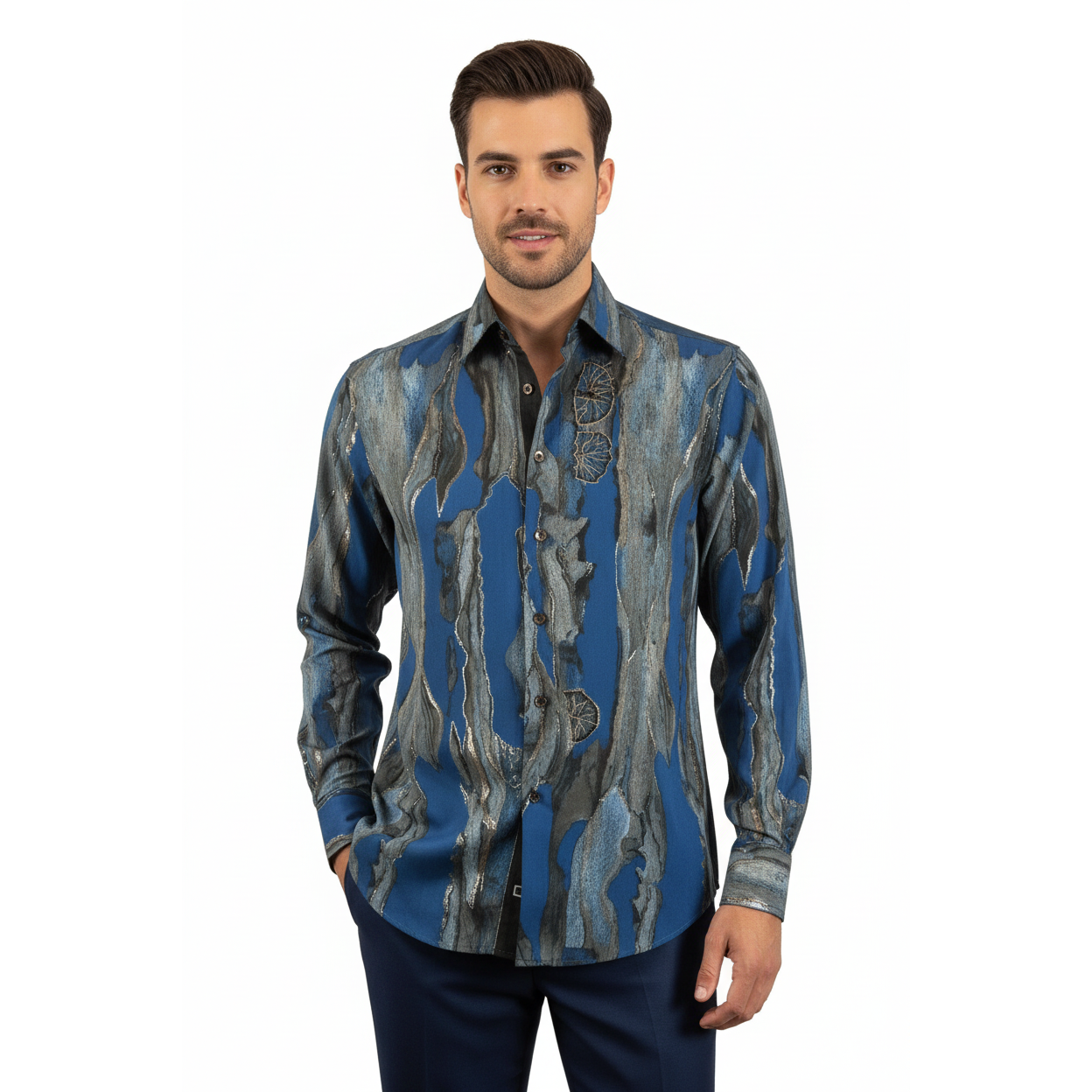 Men Sports Shirt by DE-NIKO Long Sleeves Fashion Print Modal Nk20188 Teal Blue