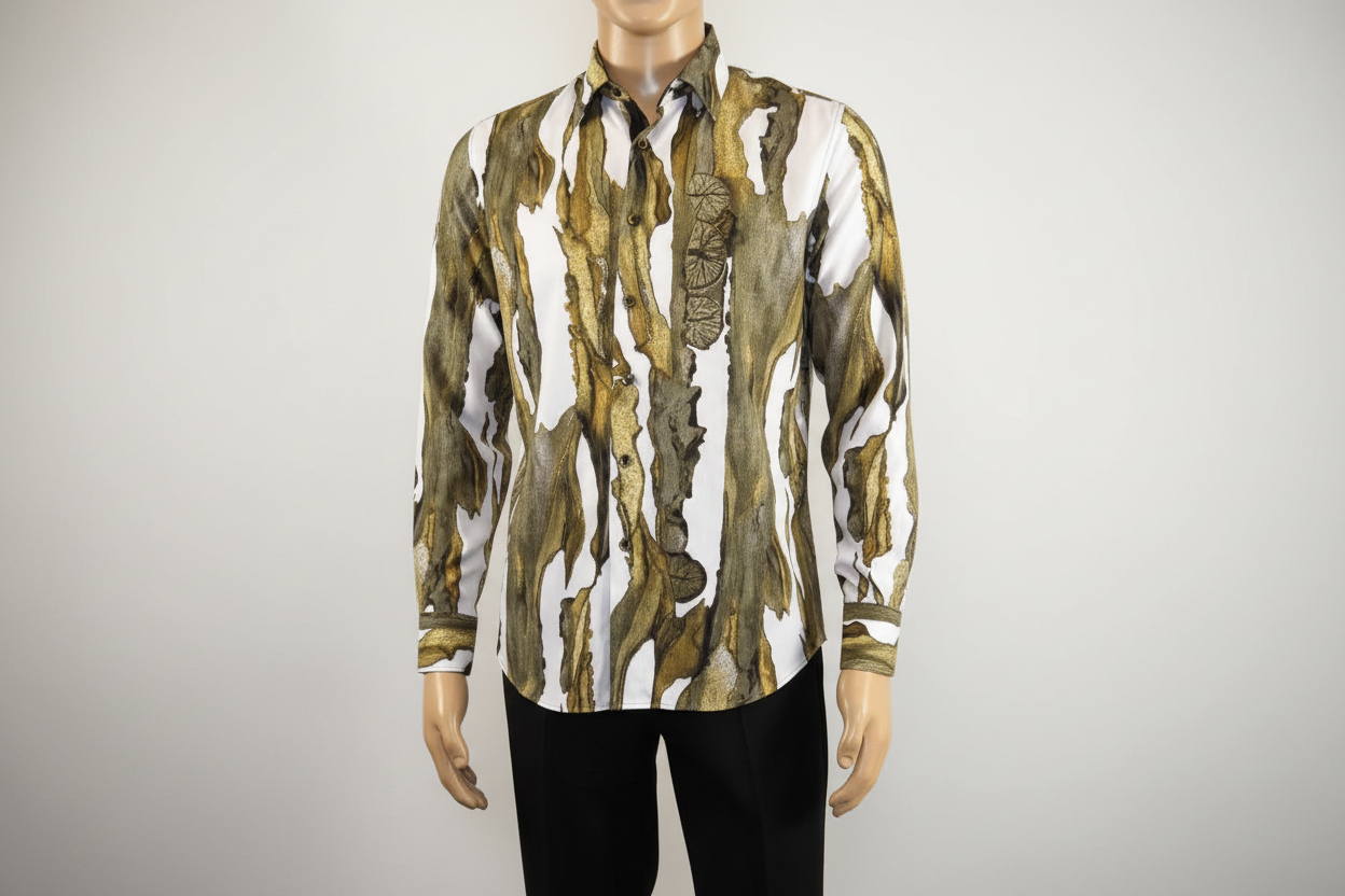 Men Sports Shirt by DE-NIKO Long Sleeves Fashion Print Modal Nk20188 White Olive