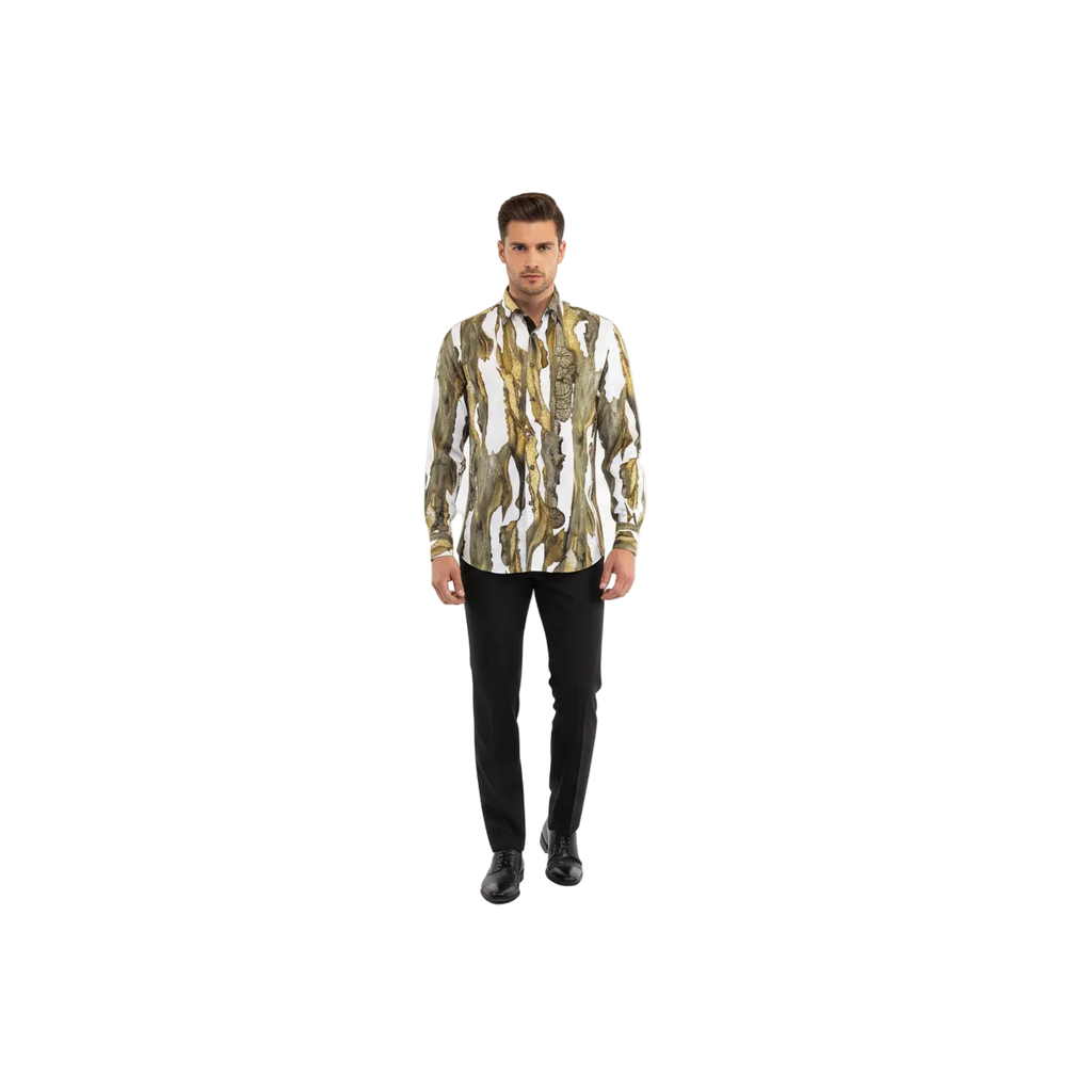 Men Sports Shirt by DE-NIKO Long Sleeves Fashion Print Modal Nk20188 White Olive