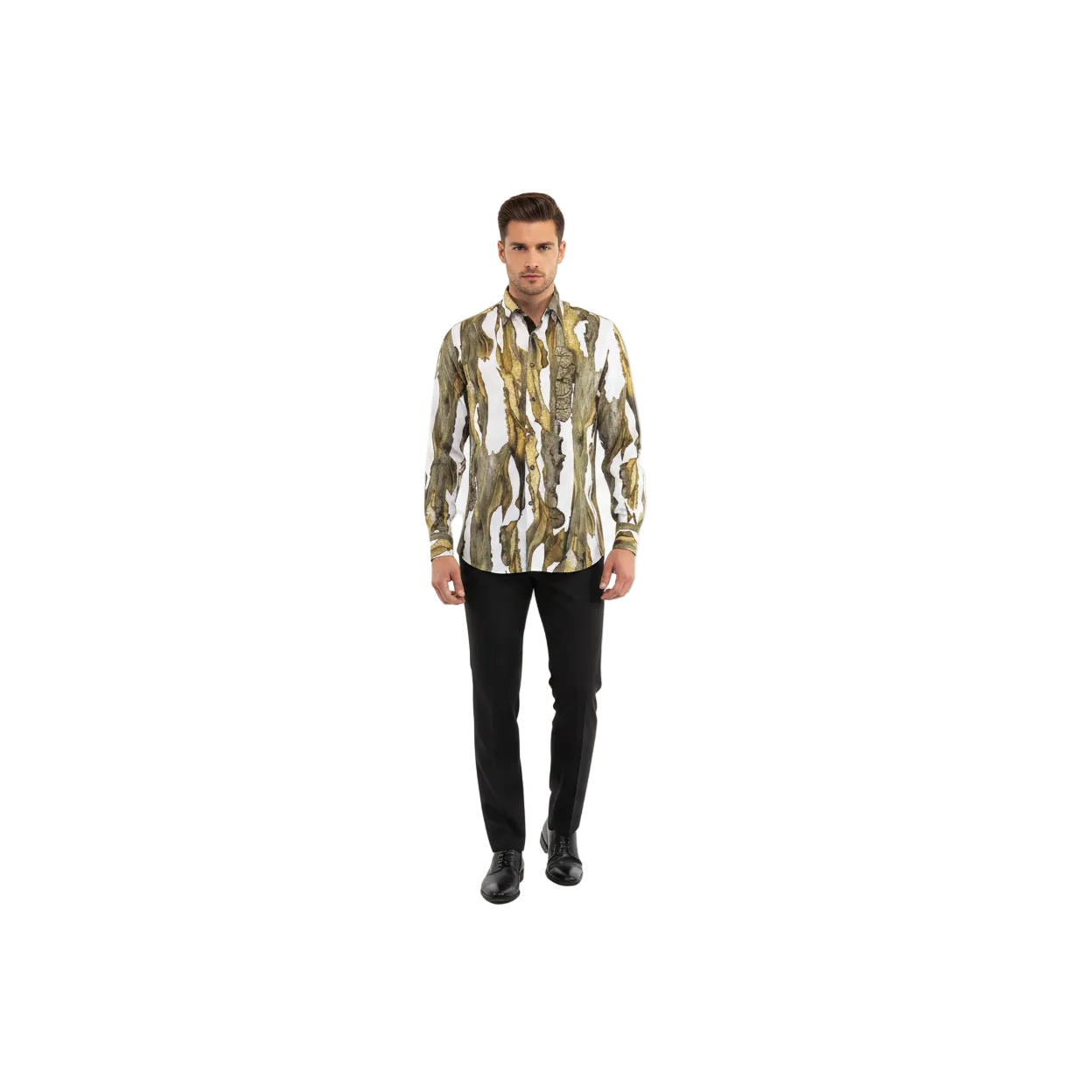 Men Sports Shirt by DE-NIKO Long Sleeves Fashion Print Modal Nk20188 White Olive
