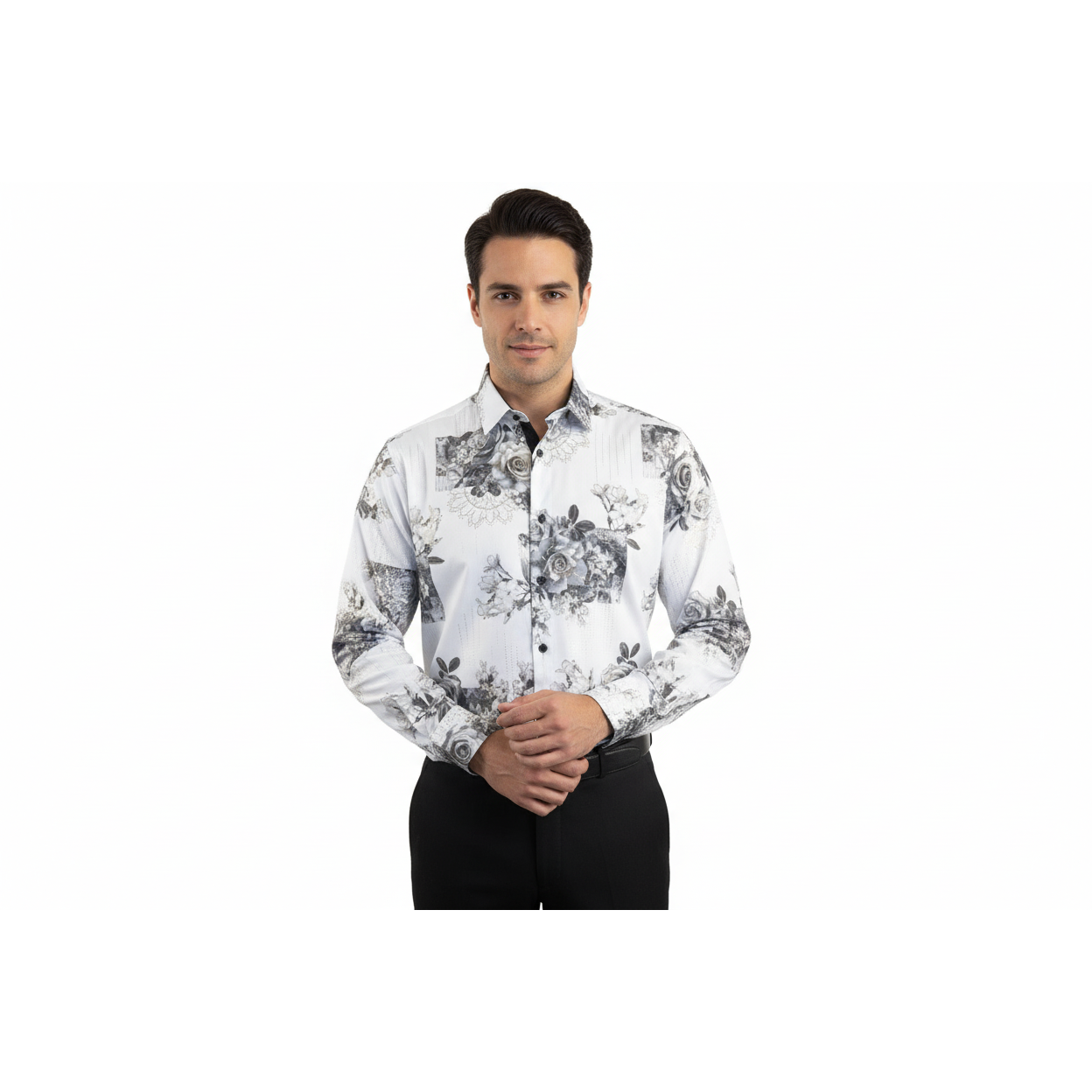 Men Sports Shirt by DE-NIKO Long Sleeves Fashion Print Soft Modal 2007020 White