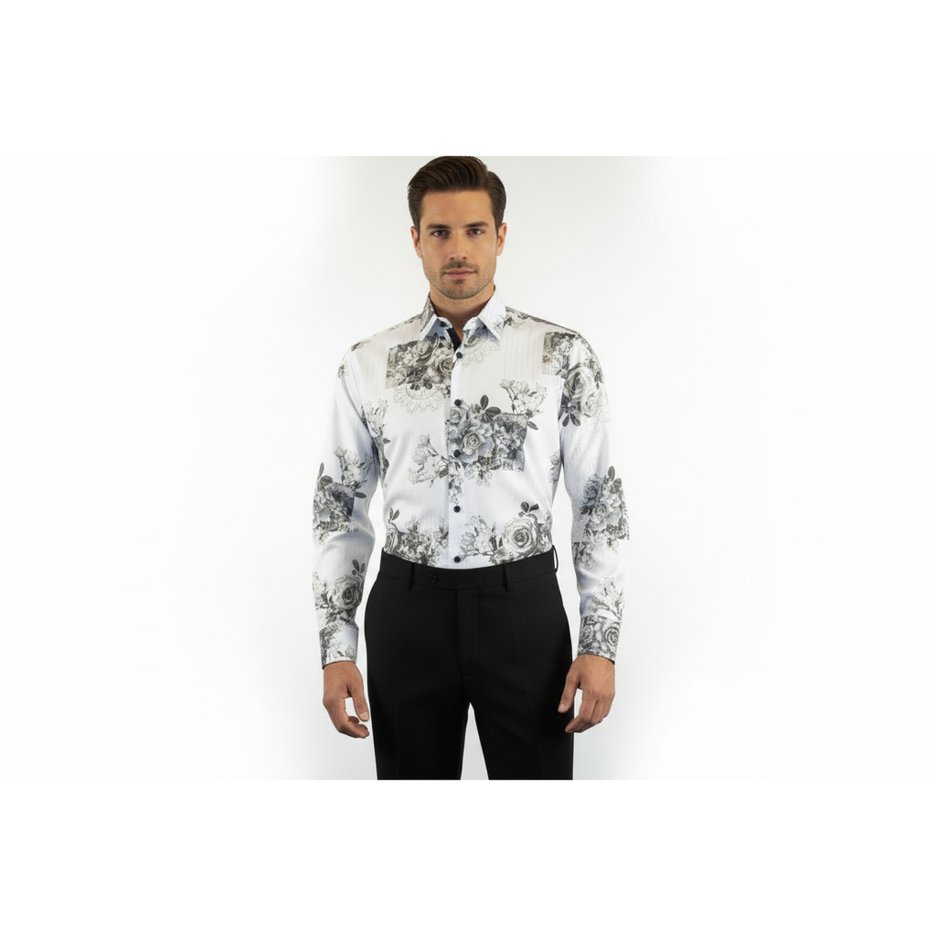 Men Sports Shirt by DE-NIKO Long Sleeves Fashion Print Soft Modal 2007020 White