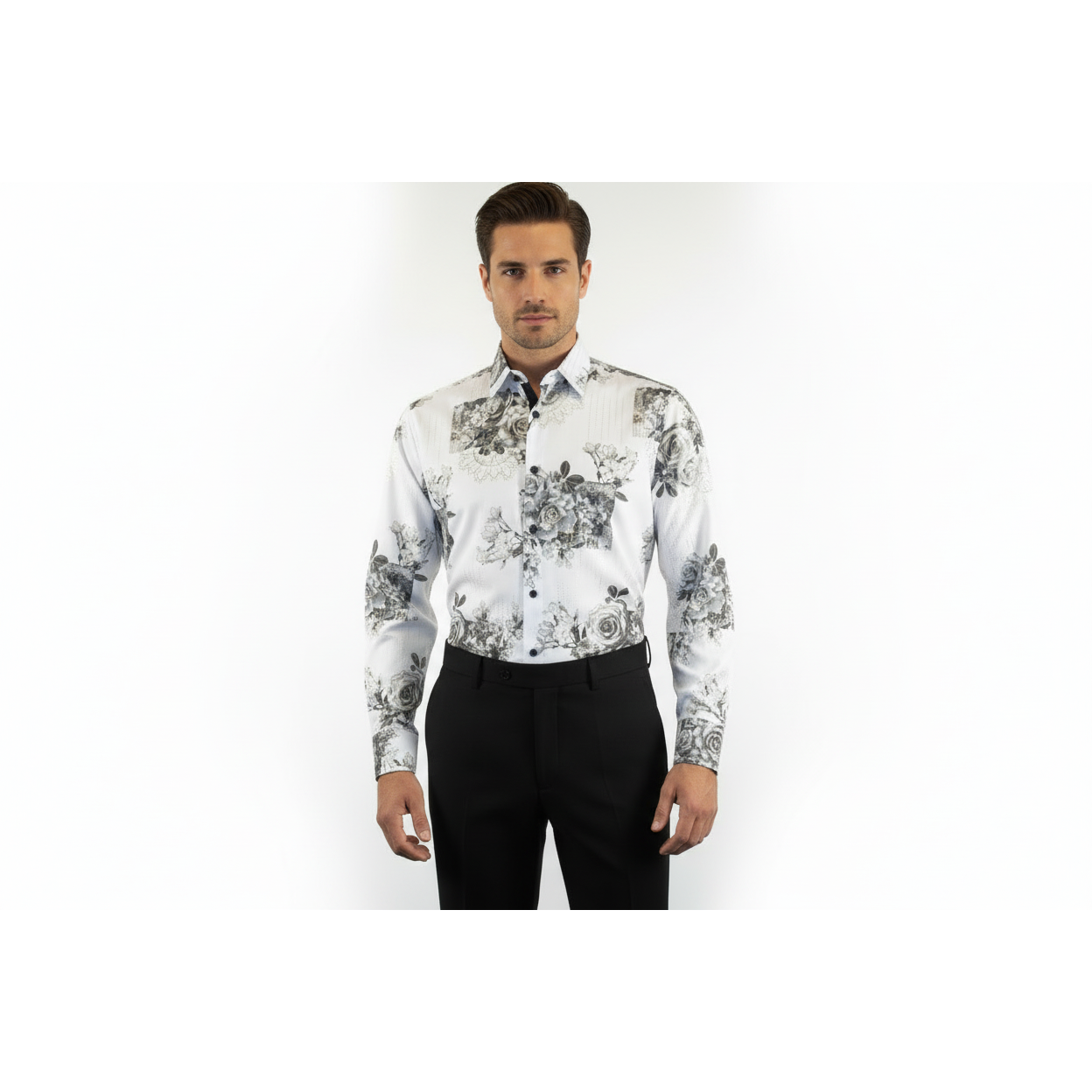 Men Sports Shirt by DE-NIKO Long Sleeves Fashion Print Soft Modal 2007020 White