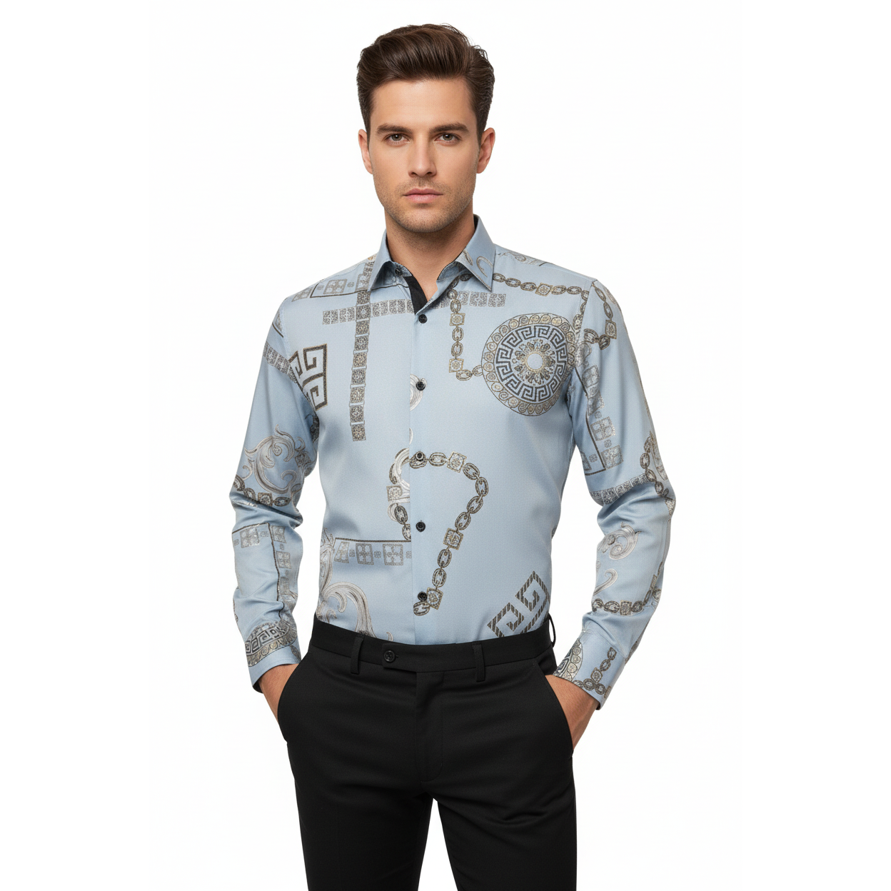 Men Sports Shirt by DE-NIKO Long Sleeves Fashion Print Soft Modal 2F008 Gray