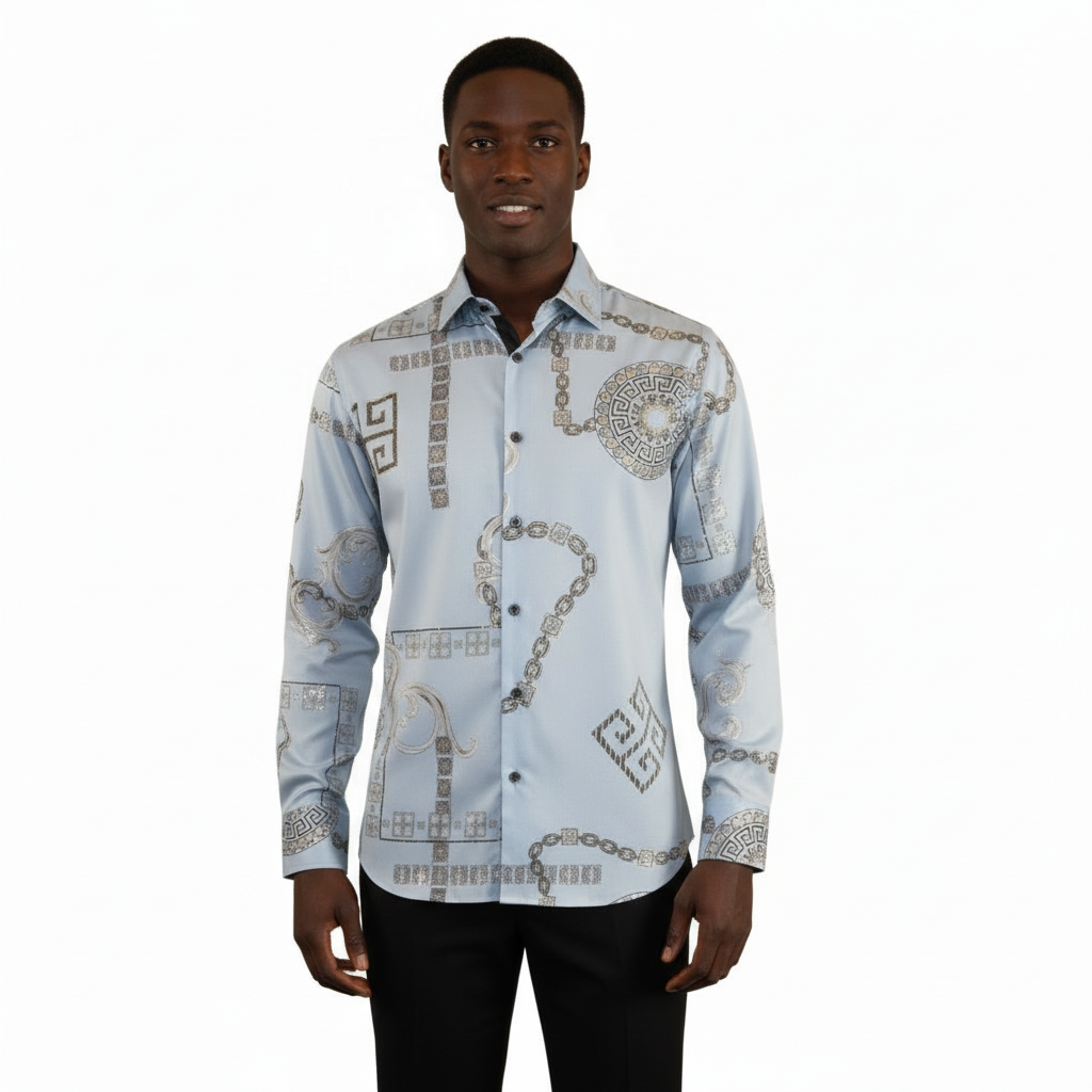 Men Sports Shirt by DE-NIKO Long Sleeves Fashion Print Soft Modal 2F008 Gray