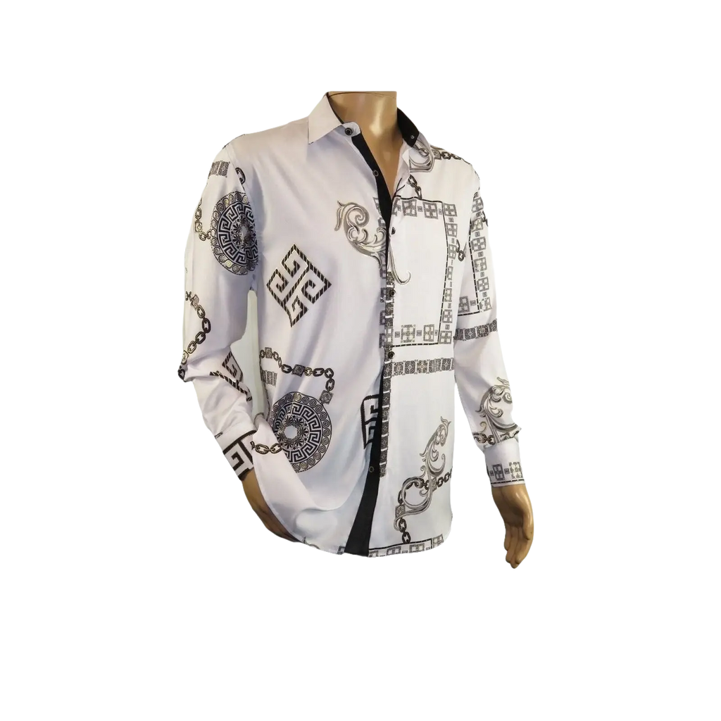 Men Sports Shirt by DE - NIKO Long Sleeves Fashion Print Soft Modal 2F008 White - J.Valintin Men's Wear Legend - 99365