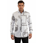 Men Sports Shirt by DE-NIKO Long Sleeves Fashion Print Soft Modal 2F008 White