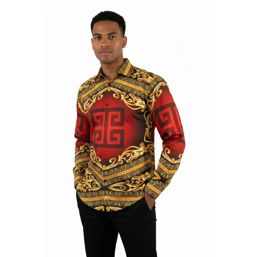 Men Sports Shirt by DE-NIKO Long Sleeves Fashion Print Soft Modal DNK6902 Red