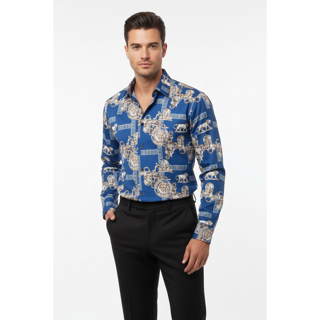 Men Sports Shirt by DE-NIKO Long Sleeves Fashion Print Soft Modal DSA125 Navy