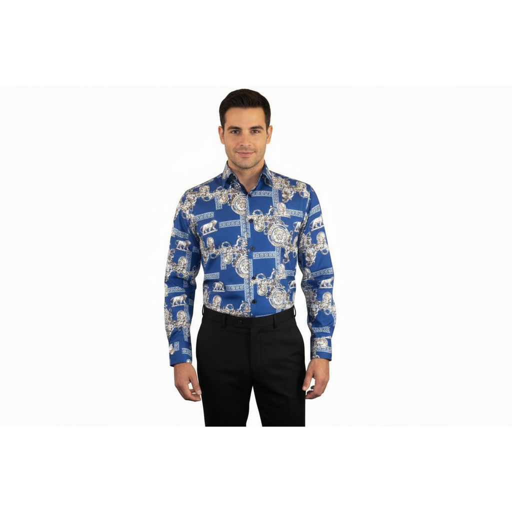 Men Sports Shirt by DE-NIKO Long Sleeves Fashion Print Soft Modal DSA125 Navy