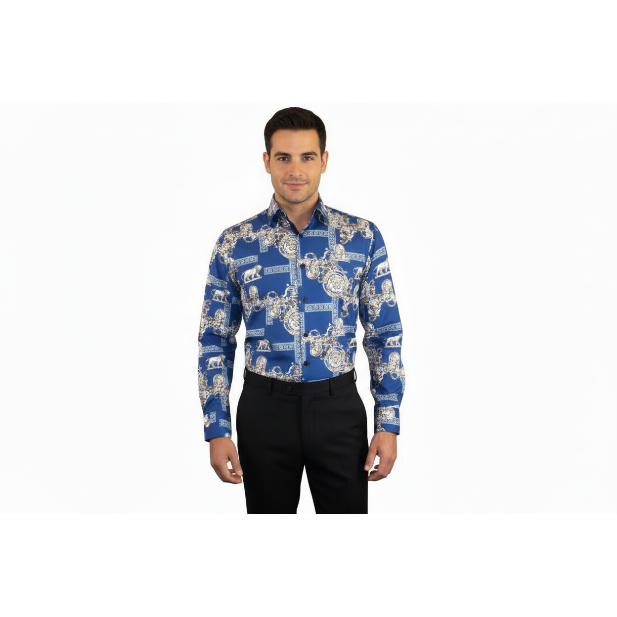 Men Sports Shirt by DE-NIKO Long Sleeves Fashion Print Soft Modal DSA125 Navy
