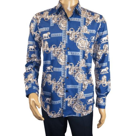 Men Sports Shirt by DE - NIKO Long Sleeves Fashion Print Soft Modal DSA125 Navy - J.Valintin Men's Wear Legend - 99383