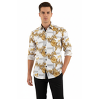 Men Sports Shirt by DE-NIKO Long Sleeves Fashion Print Soft Modal DSA125 White