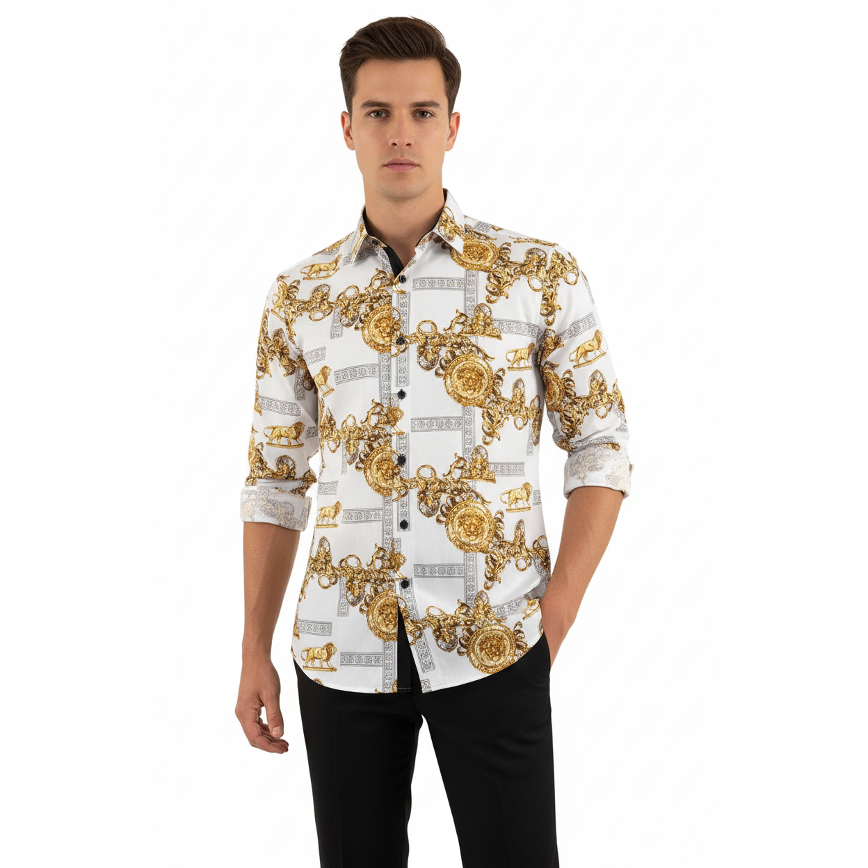 Men Sports Shirt by DE-NIKO Long Sleeves Fashion Print Soft Modal DSA125 White