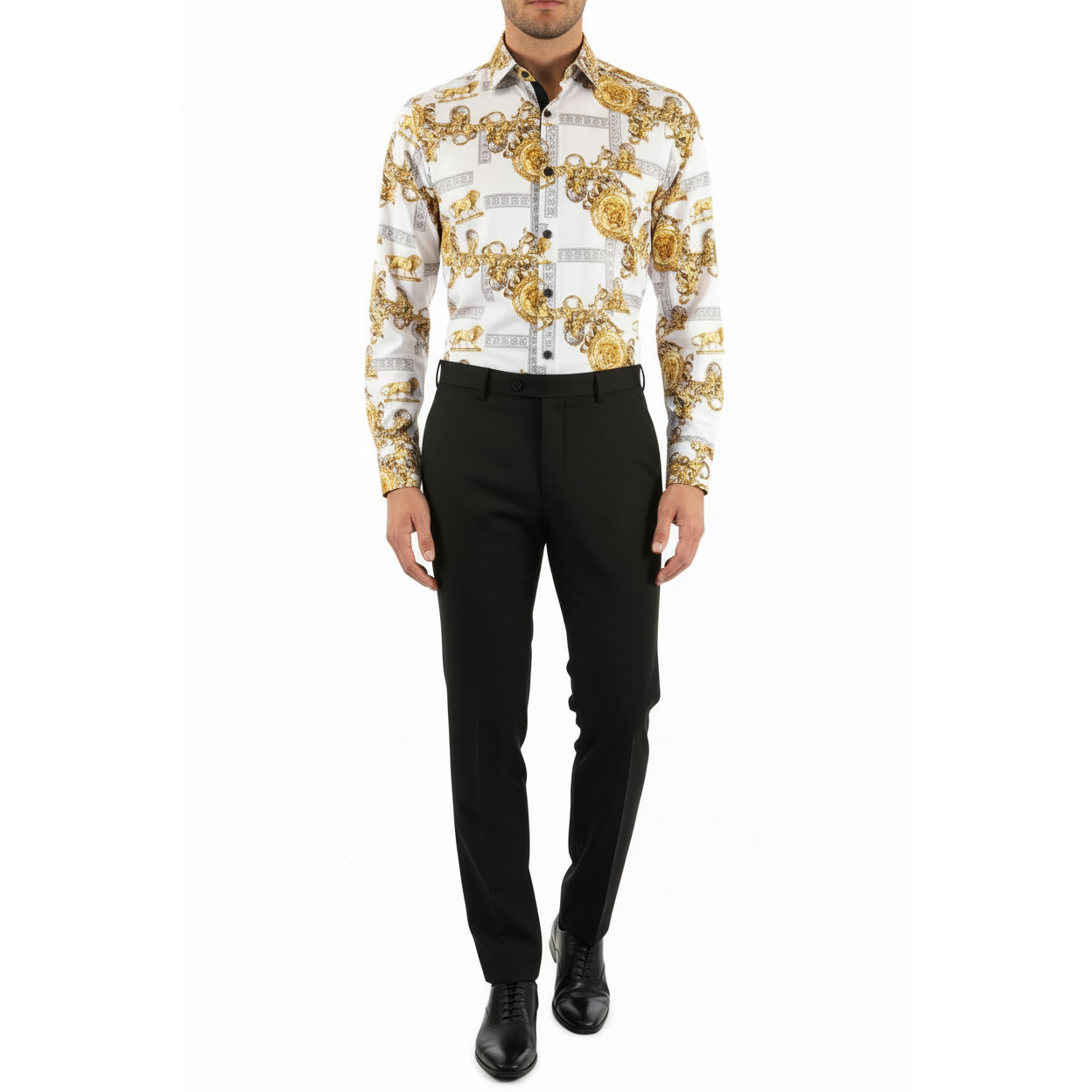 Men Sports Shirt by DE-NIKO Long Sleeves Fashion Print Soft Modal DSA125 White
