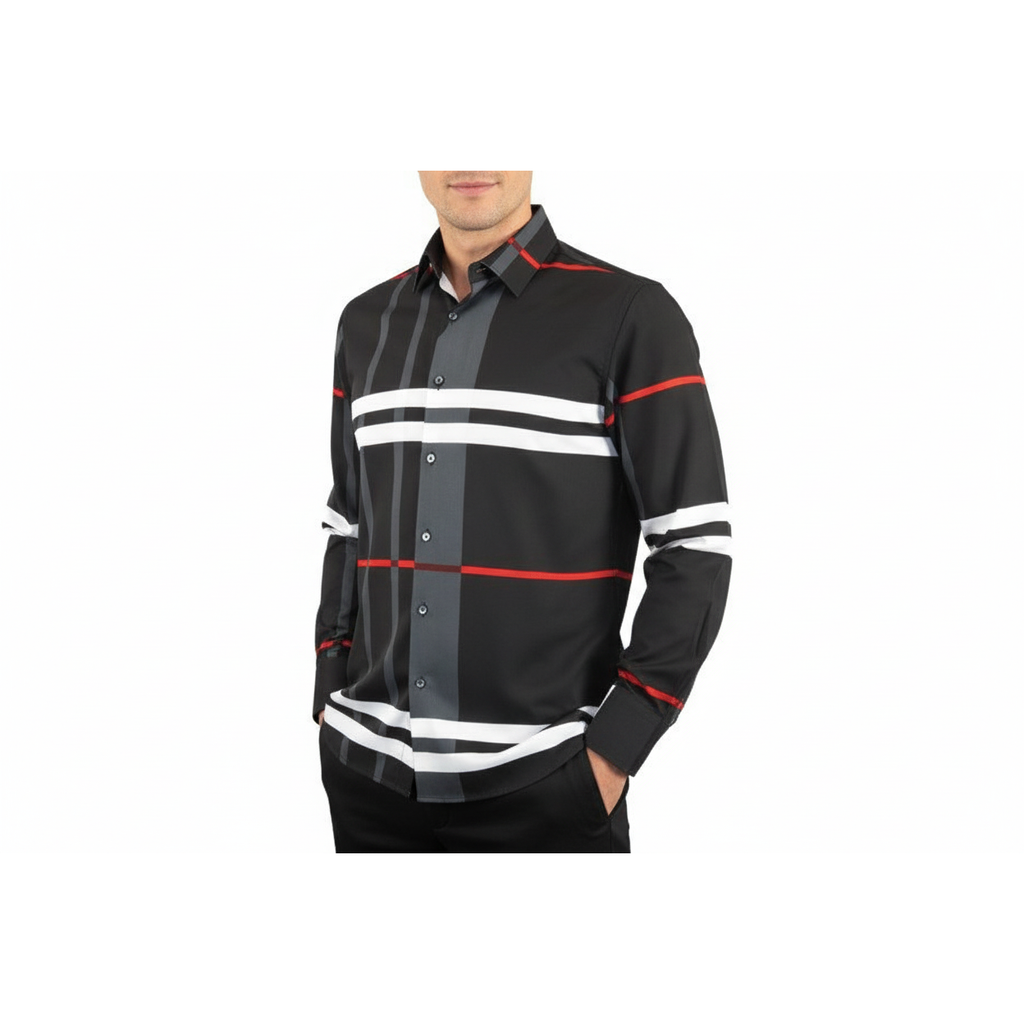 Men Sports Shirt by DE-NIKO Long Sleeves Fashion Print Soft Modal NK1010 Black