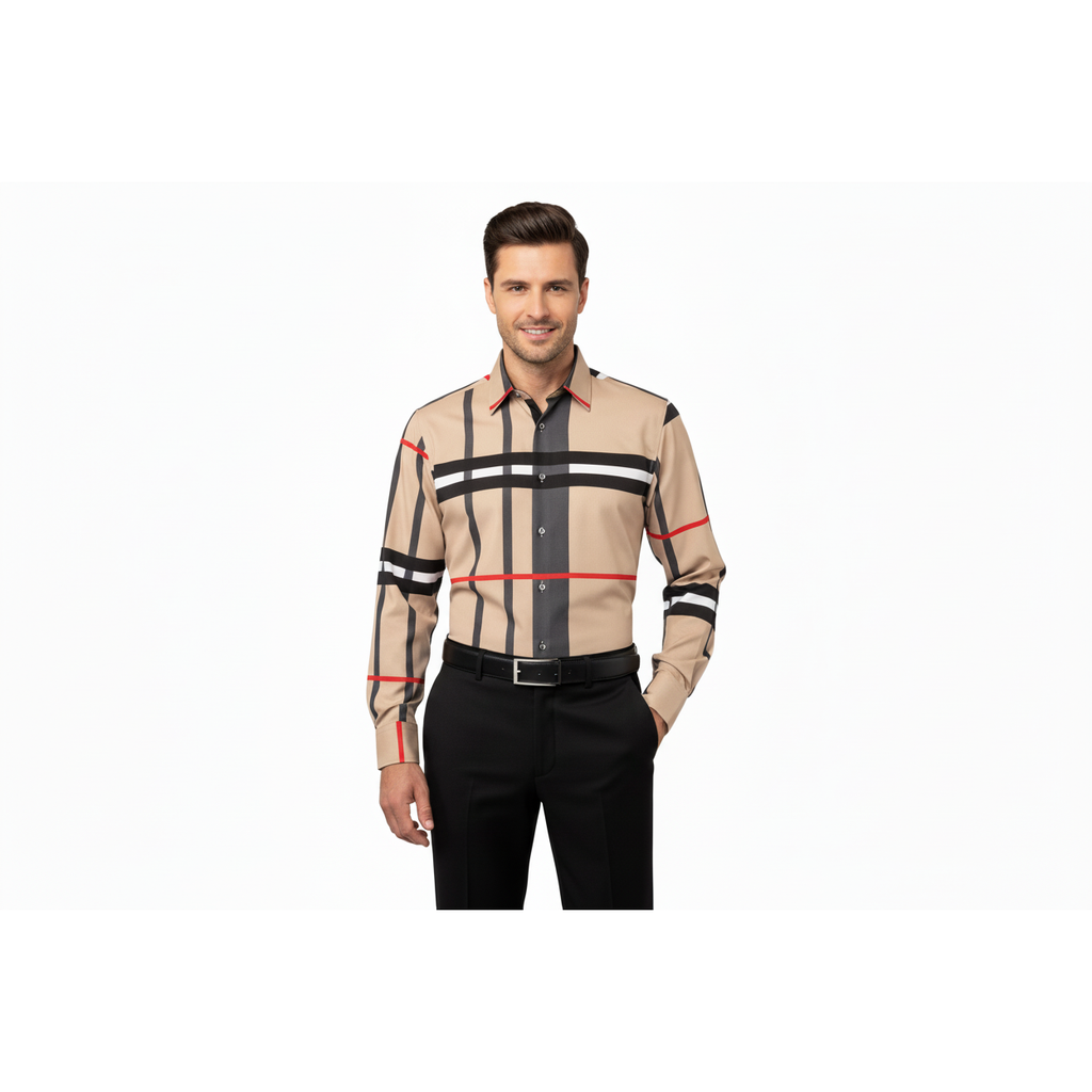 Men Sports Shirt by DE-NIKO Long Sleeves Fashion Print Soft Modal NK1010 Tan