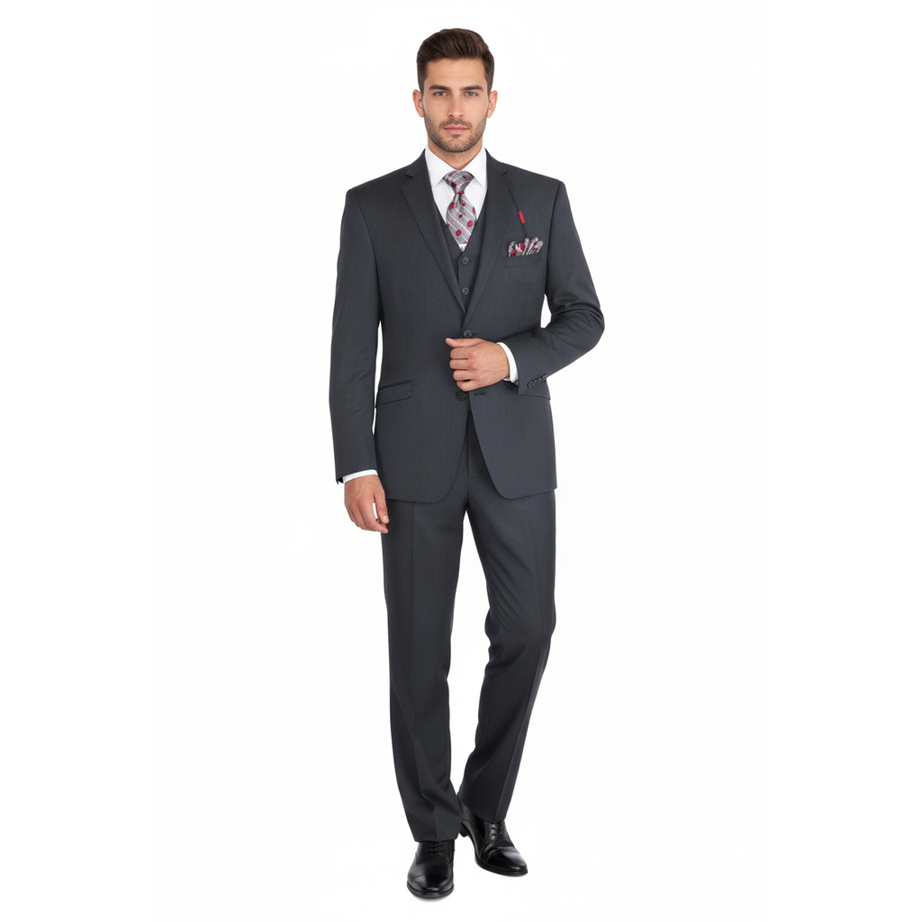 Men Suit ADOLFO 3Pc 100% Soft Wool Vested Business Formal 2 Button 1608 Charcoal